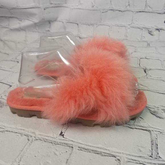 Ugg neon coral peach shearling  scruff slides slippers - Picture 6 of 11